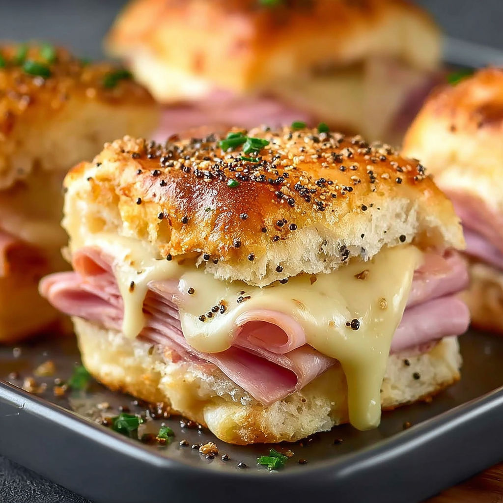 Une recette de sandwichs au jambon et au fromage, avec des herbes et des grains de poivre pour garnir.