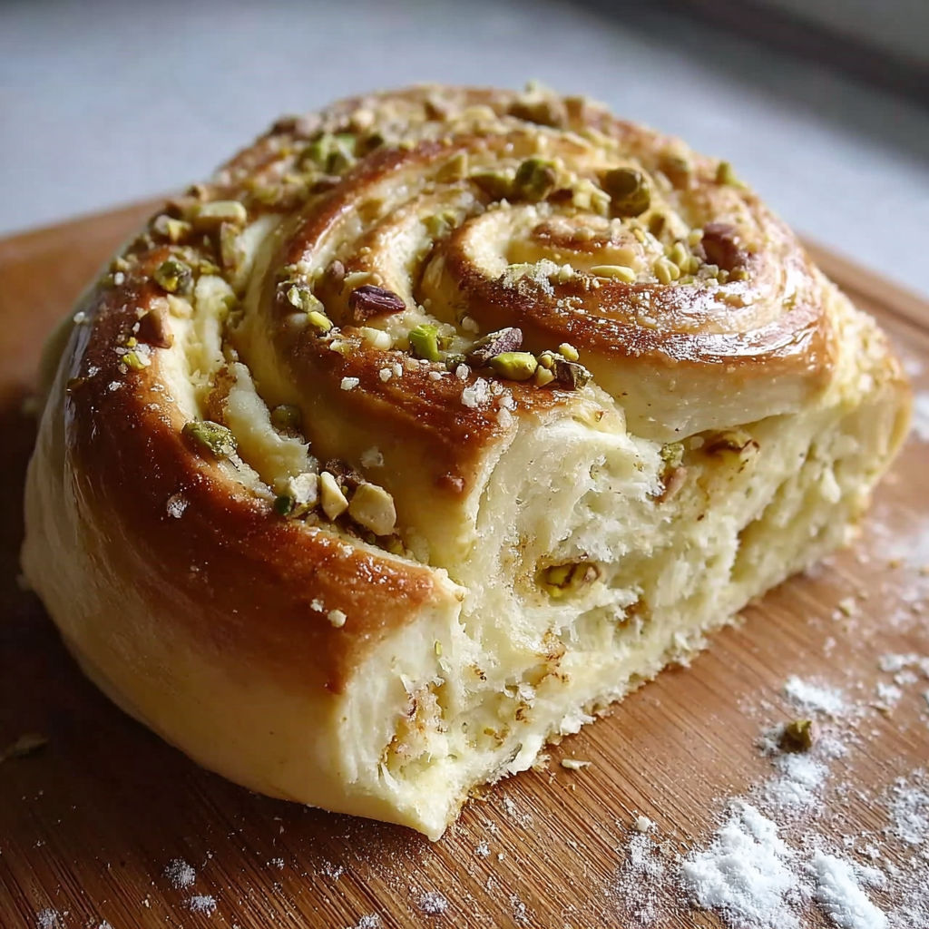 Une brioche à la pistache, faite avec des pistaches et des épices, est servie sur un plateau.