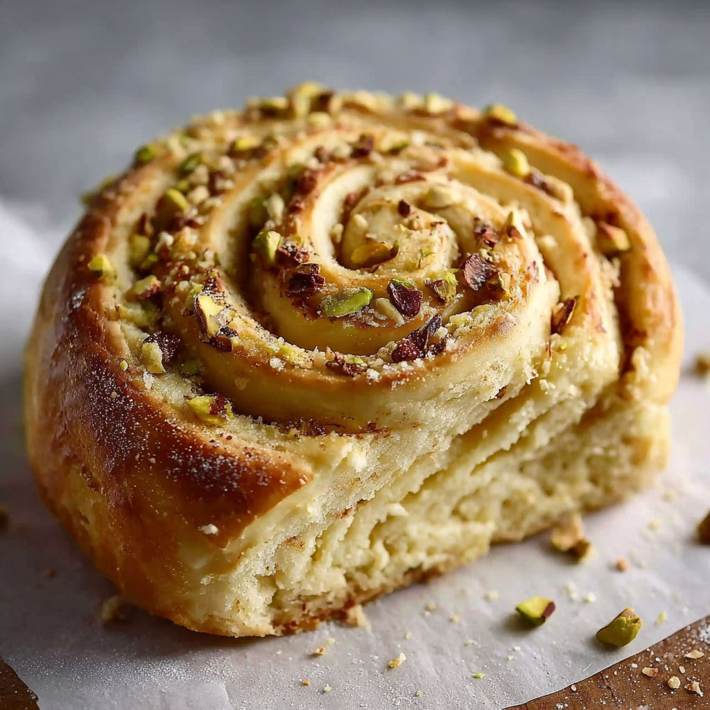 Une brioche à la pistache est servie sur un plateau.