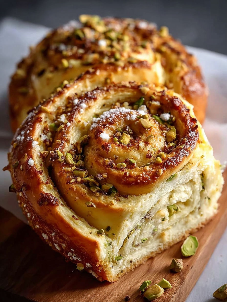 Une brioche à la pistache, garnie de pistaches et de sucre, est servie sur un plateau.