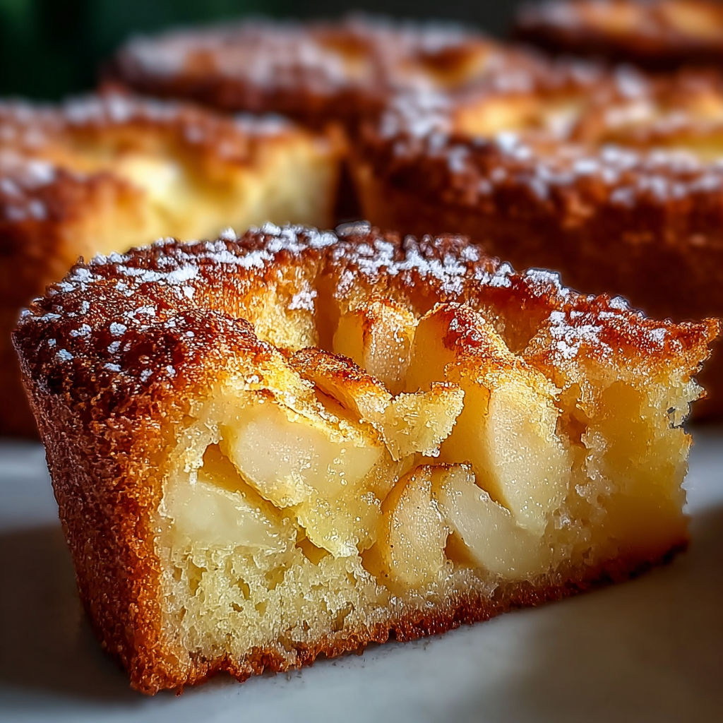 Une portion de gâteau Madeleine aux pommes, avec des pommes et du sucre sur le dessus.