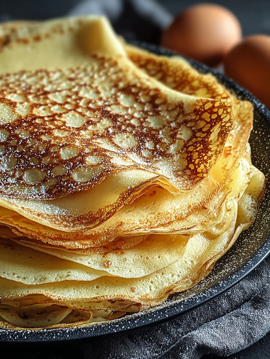 Une pile de crêpes de pâte à crêpes, prêts à être cuits.
