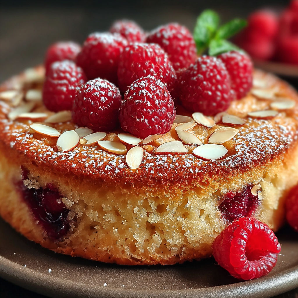 Une tarte aux amandes et framboises est servie sur un plateau.