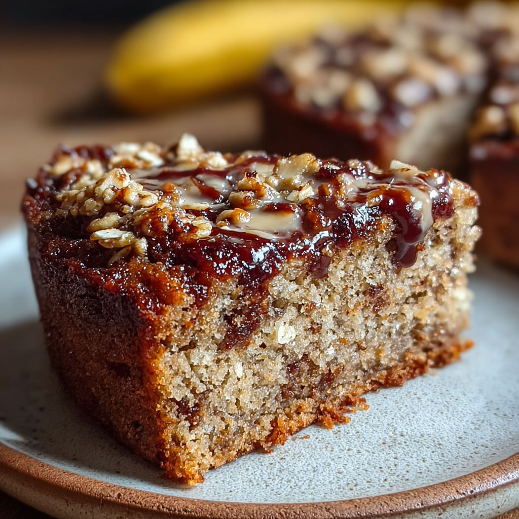 Une tarte aux noix et au chocolat, avec une banane en arrière-plan.