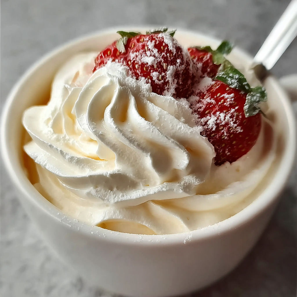 Une tasse de crème chantilly avec des fraises et des épinards.