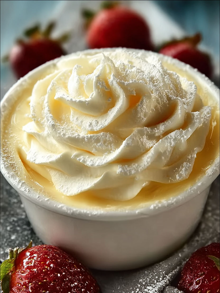 Une tarte aux fraises et crème chantilly, garnie de fraises et de crème chantilly, est servie dans un bol en verre.