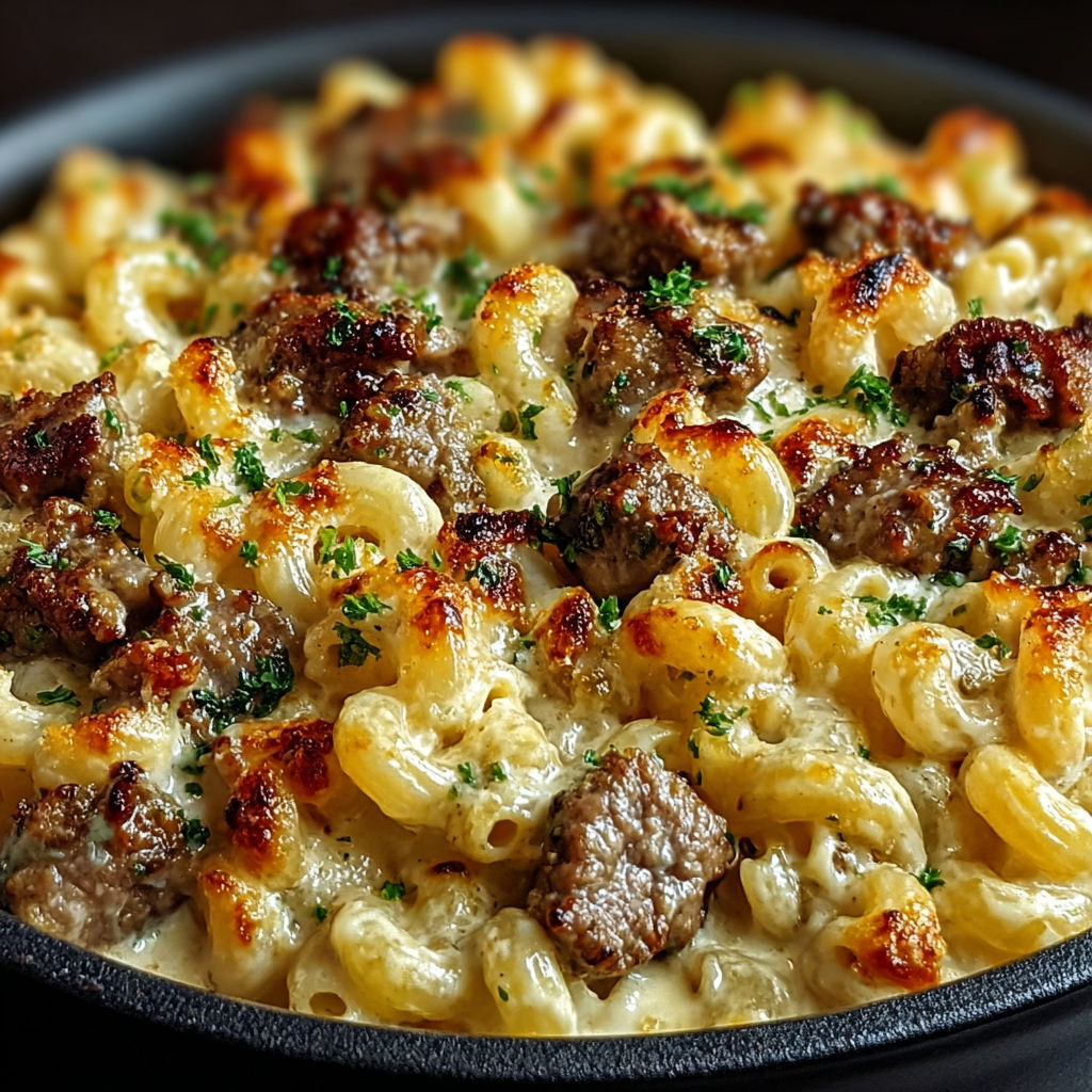 Une recette de macaroni et sauce au beef, cuit dans un bol en fonte.