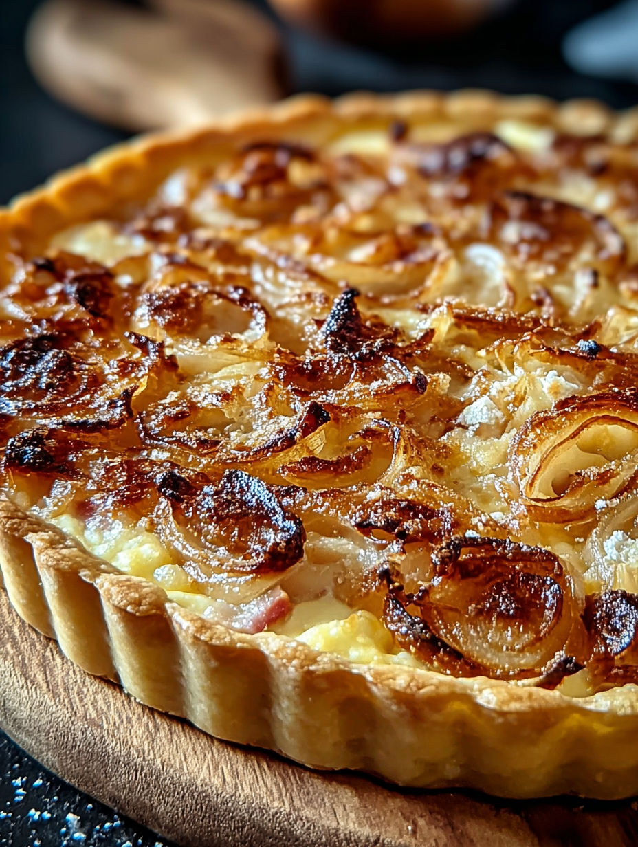 Une tarte aux pommes chauffée, avec des pommes et des oignons, est servie sur un plateau.