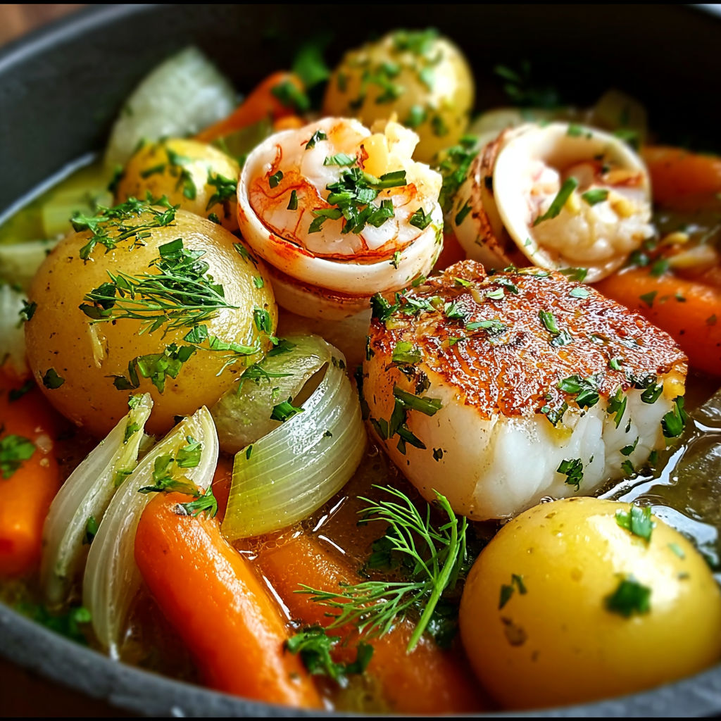 Un pot-au-feu de la mer est rempli de légumes et de fruits de mer, y compris des carottes, des oignons, des tomates, des poivrons, des courgettes, des asperges et des moules.