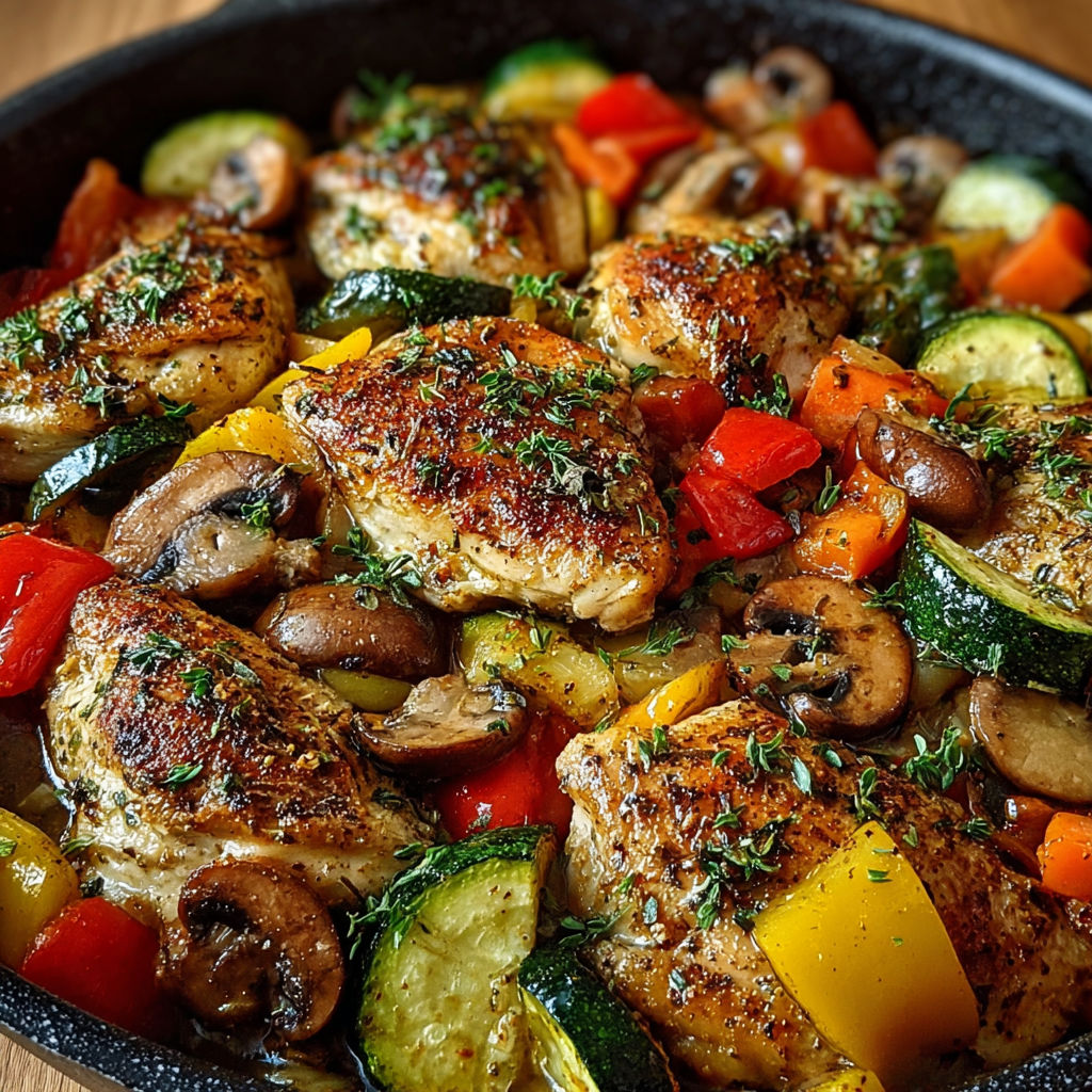 Une recette de poulet grillé avec des légumes verts et des champignons.