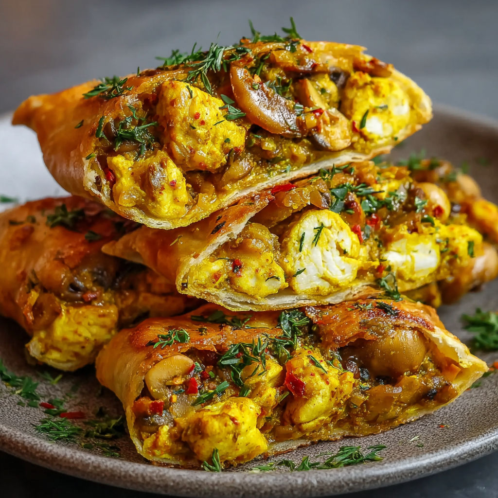 Une pile de sandwichs de poulet et de champignons, avec des herbes et des épices, sertie sur un plateau.