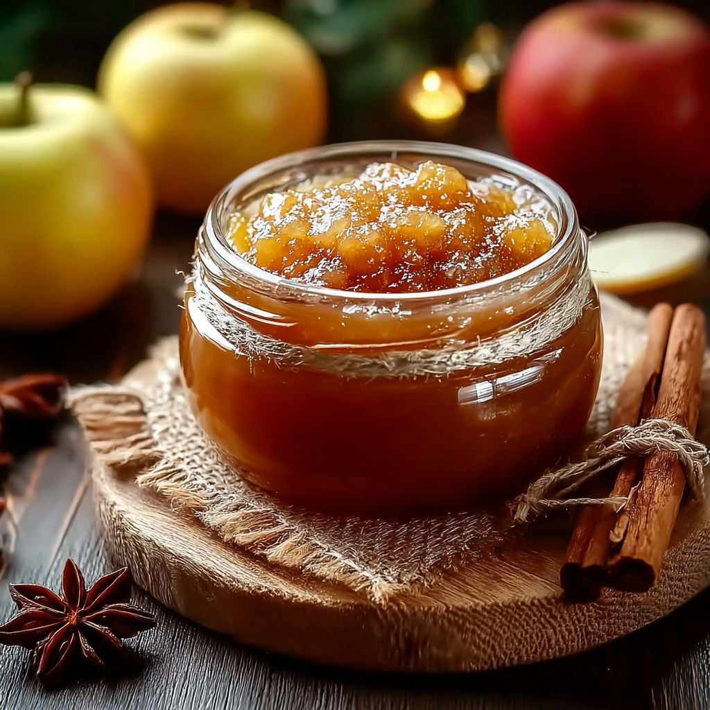 Une jarre de confiture de pomme est sur un plateau avec des épices et des fruits.