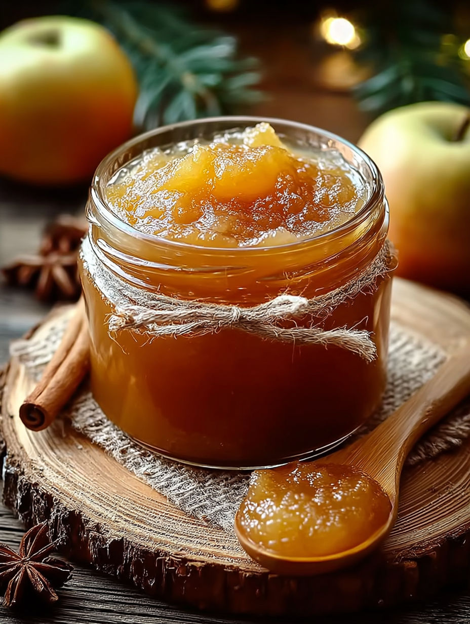 Une jarre de confiture de pomme est sur une table avec des pommes et des épices.