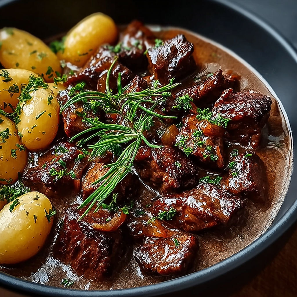 Une recette de carbonade flamande authentique, servie dans un bol noir, accompagnée de pommes de terre et de herbes fraîches.
