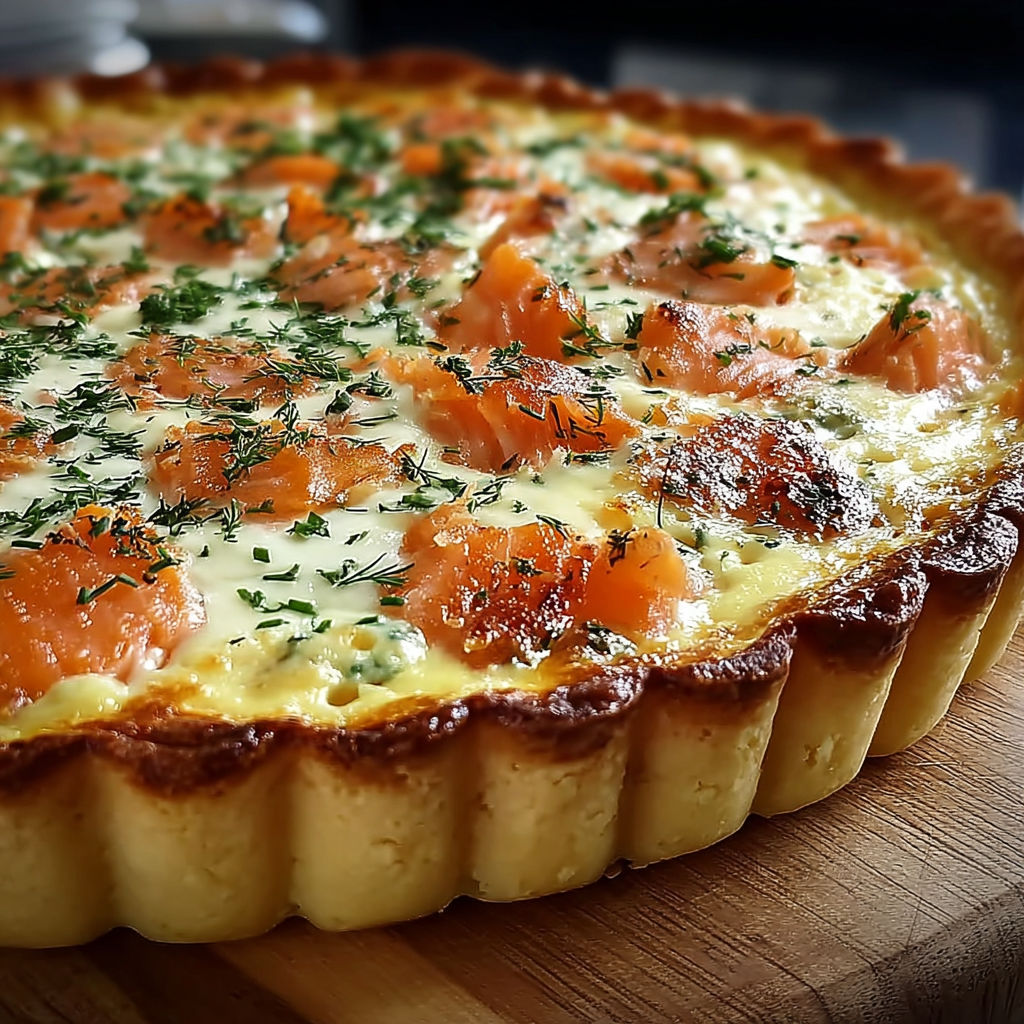 Une quiche au saumon et au boursin, prête à être servie, sur un plateau de bois.
