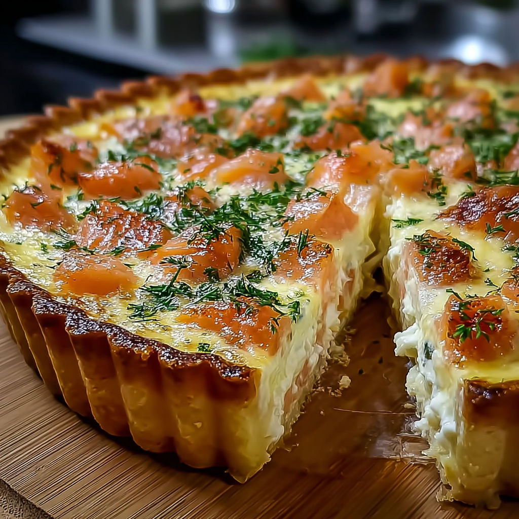 Une tarte aux fruits de mer, avec des tomates, des oignons et des herbes, est servie sur un plateau.