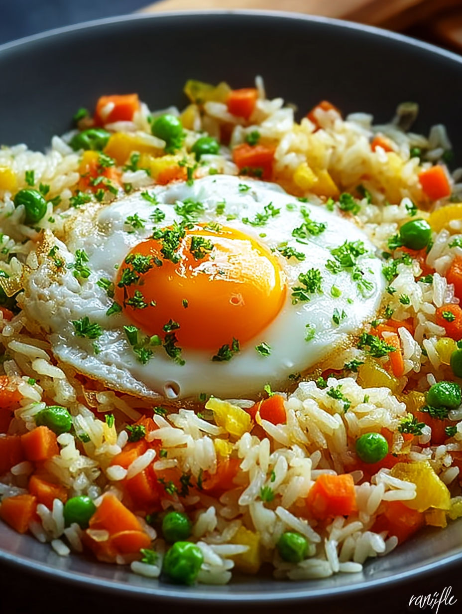 Une omelette aux légumes et riz, accompagnée de carottes et de pois chiches.