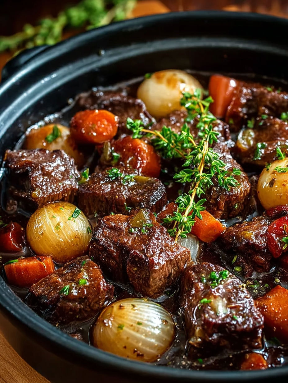 Une recette de steak avec des légumes et des herbes.