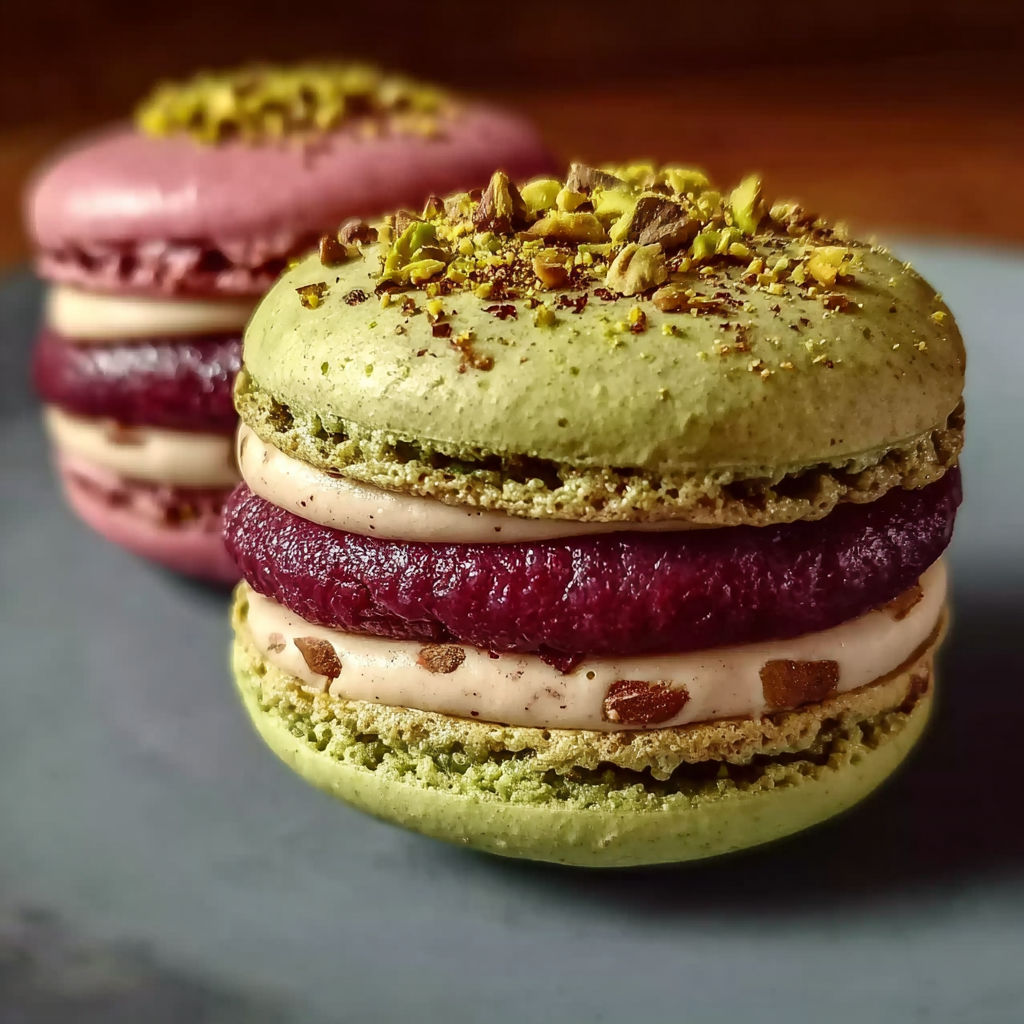 Des macarons rouges et verts avec des fruits et des pistaches.