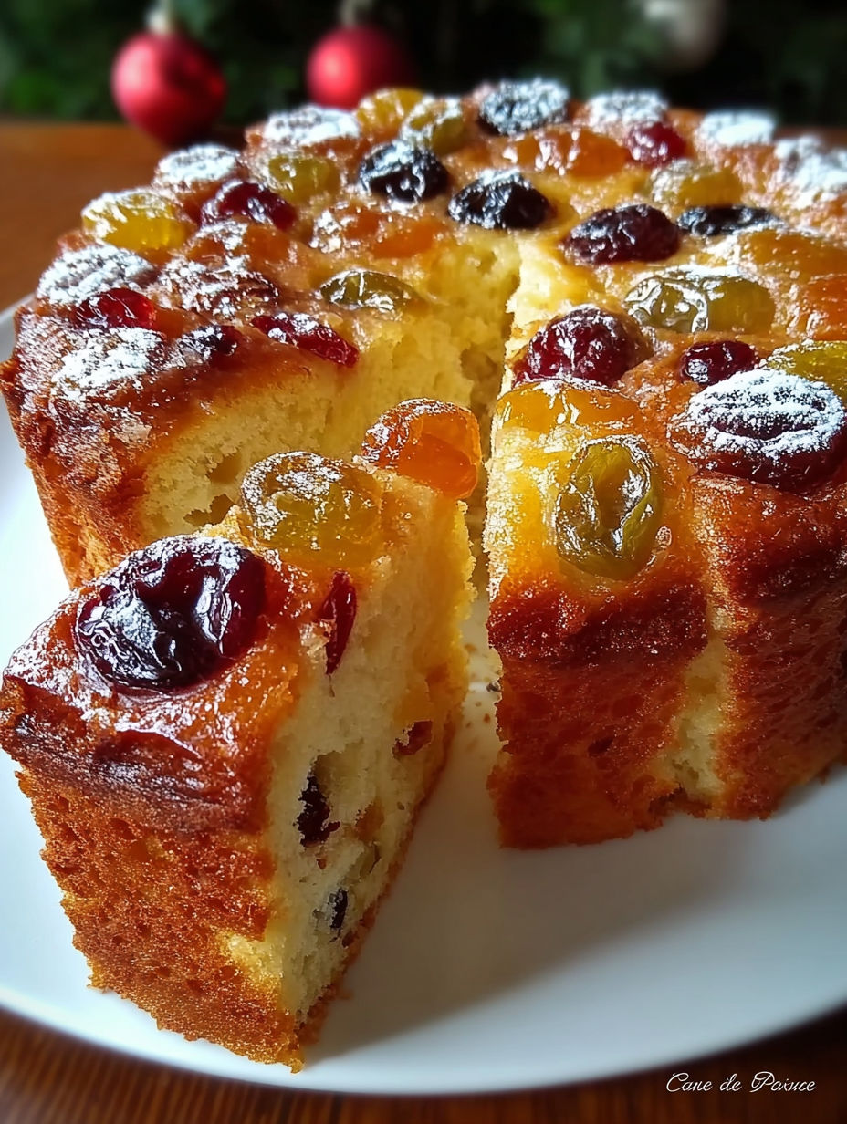 Une partie de gâteau aux fruits, avec des cerises et des raisins, sur un plateau.