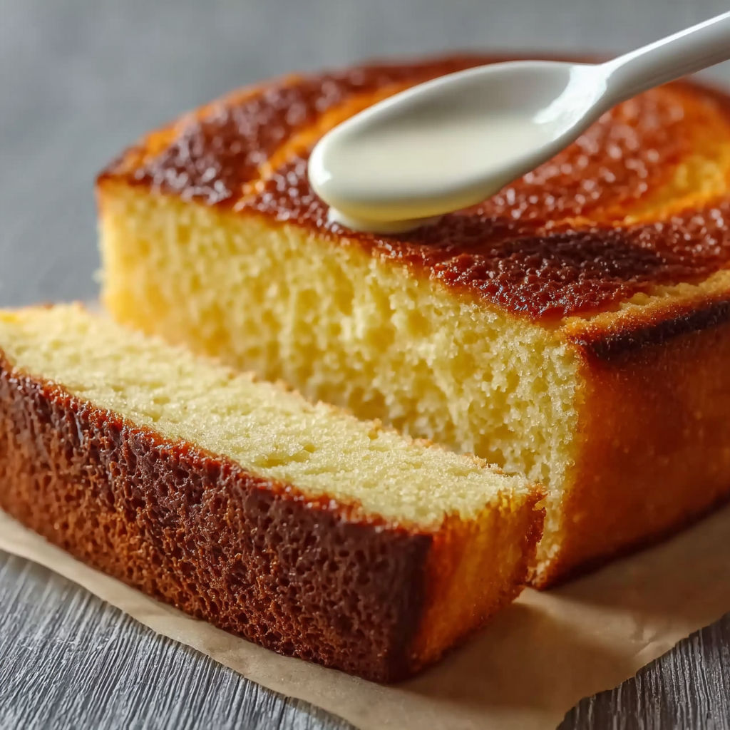 Une portion de gâteau de pâte à cake, avec une cuillère pleine de beurre, sur un papier.