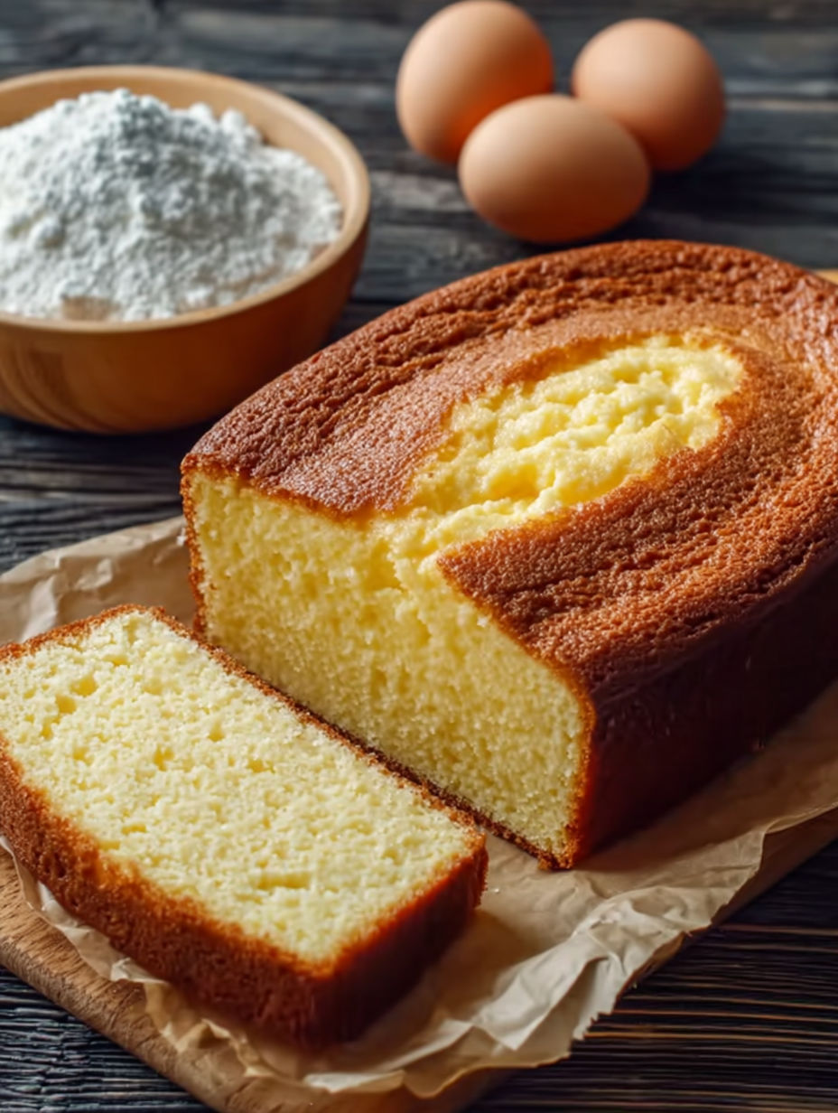 Une baguette de pain au raisin est sur une table, avec une boîte de farine et des œufs à côté.