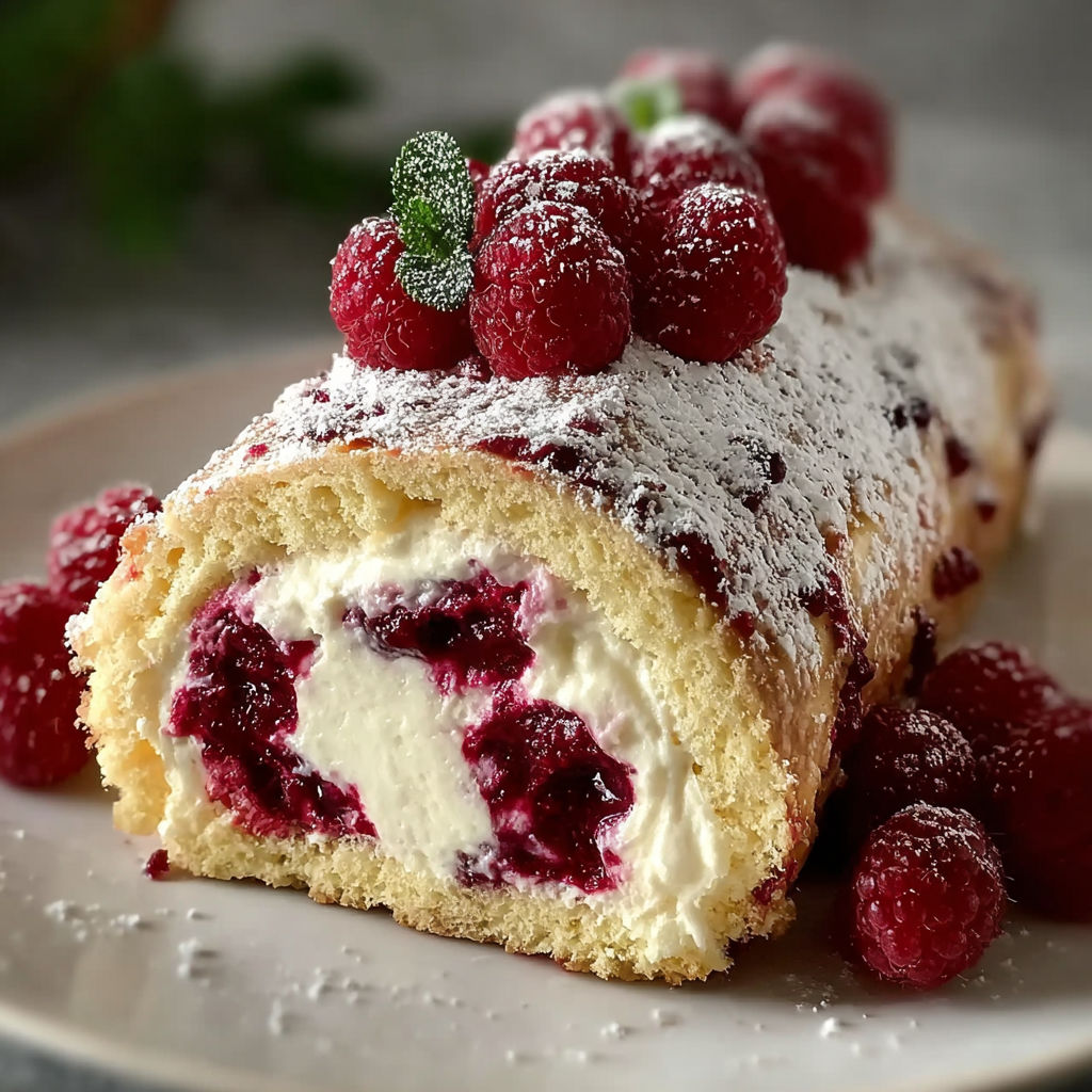 Une bûche au mascarpone et à la framboise, garnie de raspberries, est servie sur un plateau.