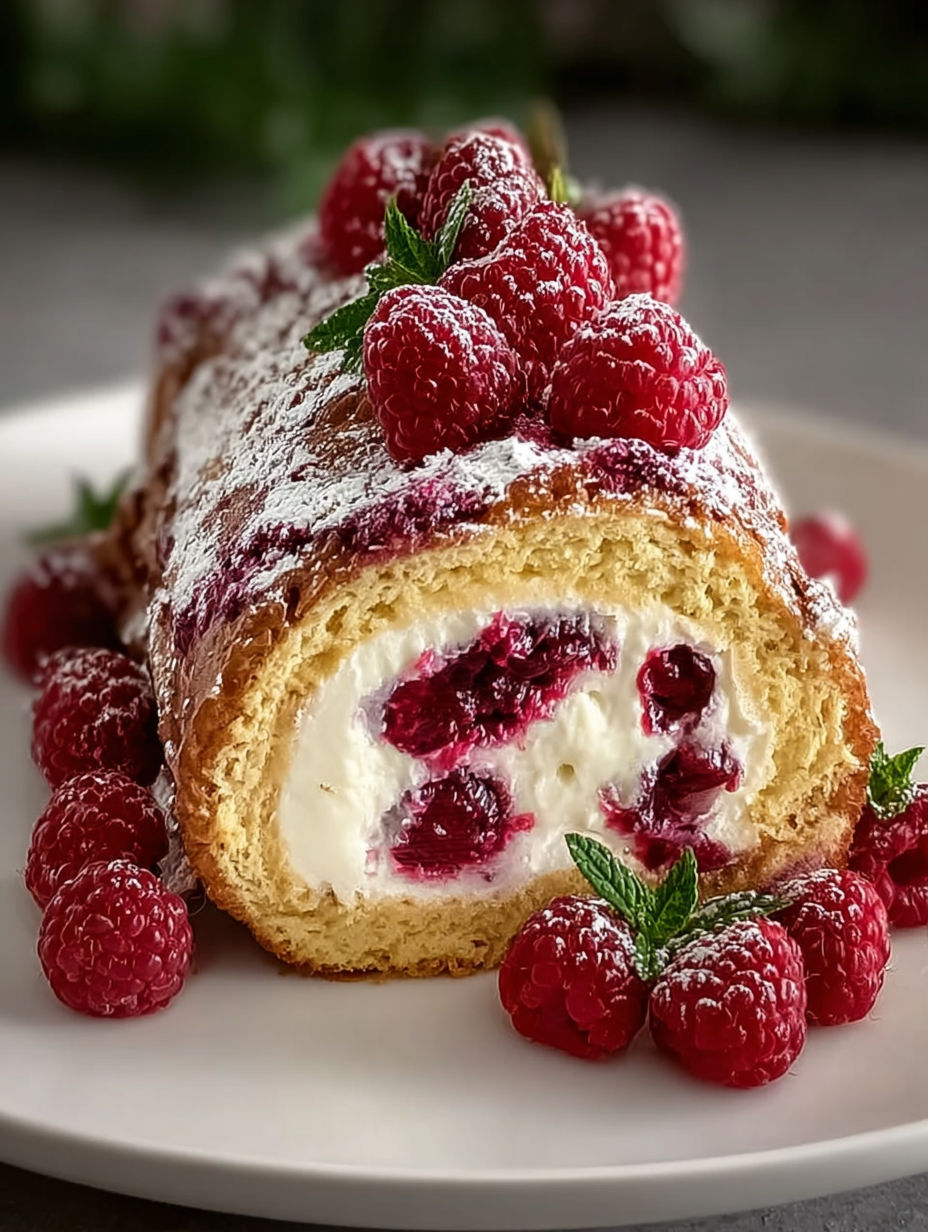 Une bûche au mascarpone et à la framboise est servie sur un plateau avec des framboises fraîches.
