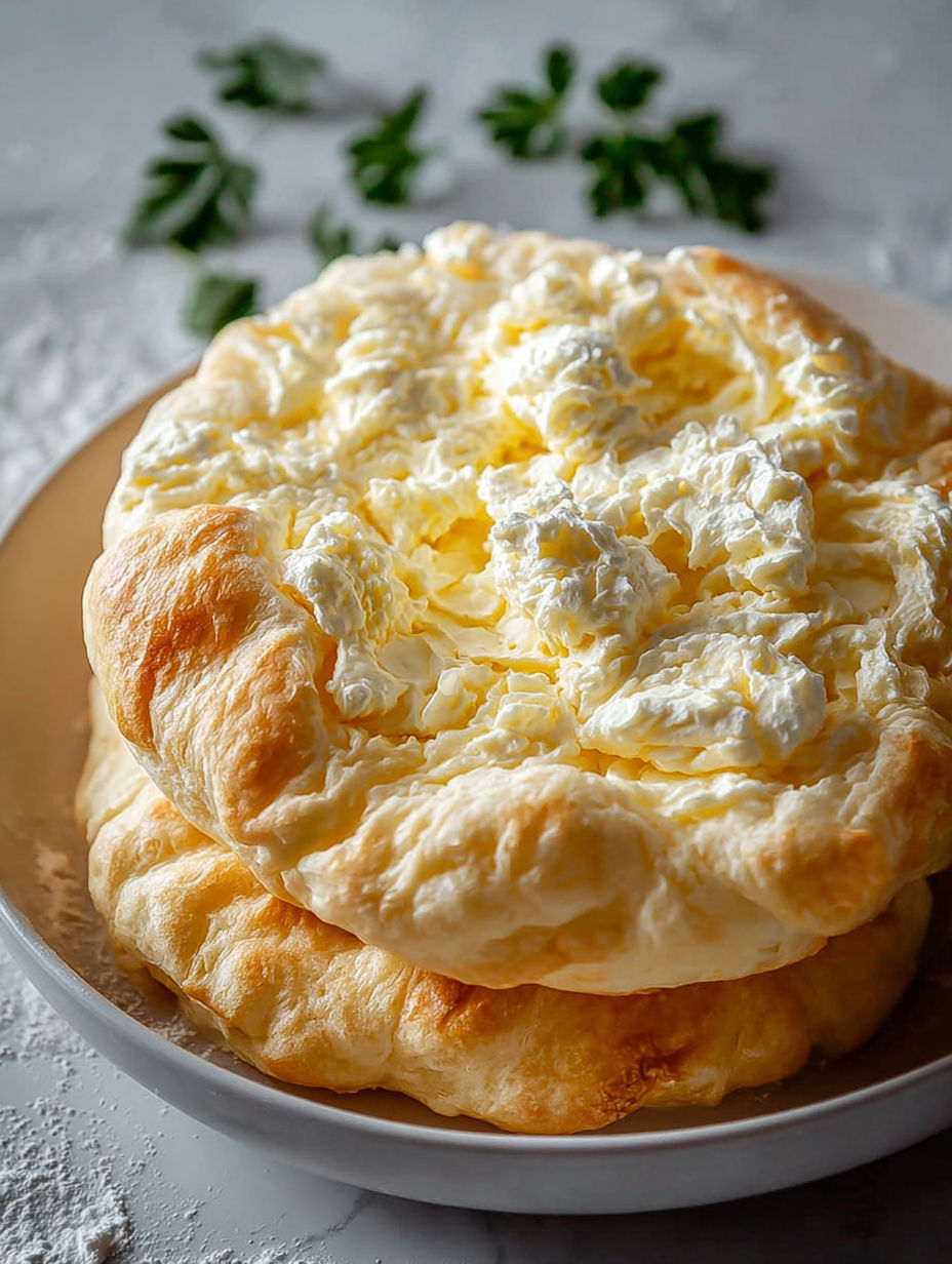 Un gâteau de pâte à la crème et au fromage blanc, avec des herbes fraîches sur le dessus.
