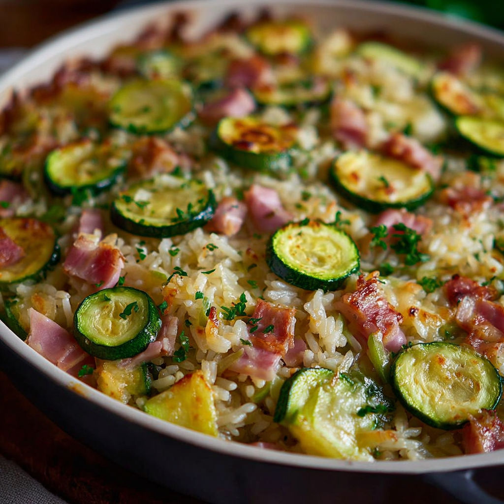 Une recette de pâtes et légumes, incluant des courgettes, des oignons, des champignons et des bacon, est servie dans un bol.