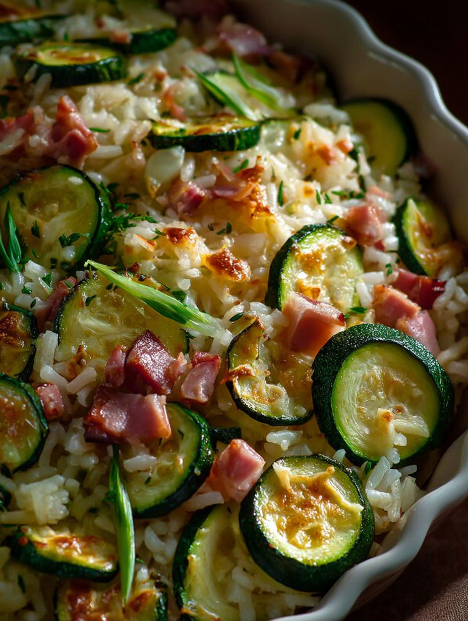 Une salade de riz et de légumes, y compris des courgettes et des oignons, est servie dans un bol.