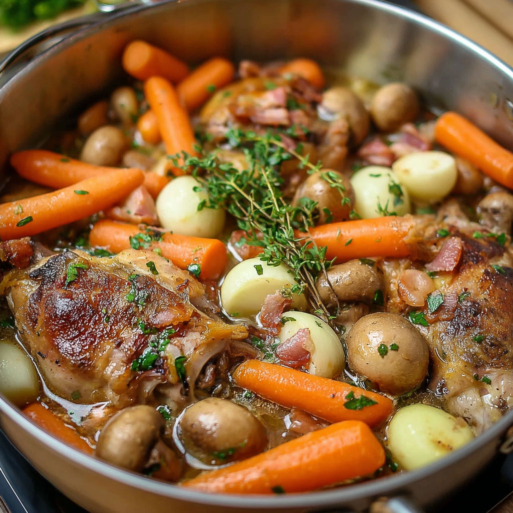 Un plat de poulet et légumes, avec des carottes et des champignons, dans une grande casserole.