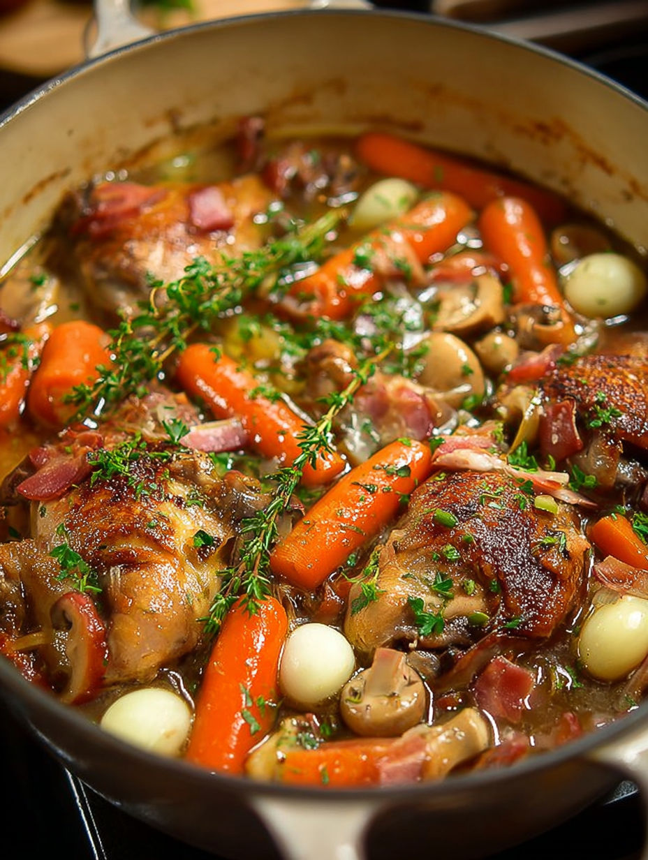 Un plat de poulet et légumes, avec des carottes, des champignons et des herbes fraîches, est servie dans un bol en acier.