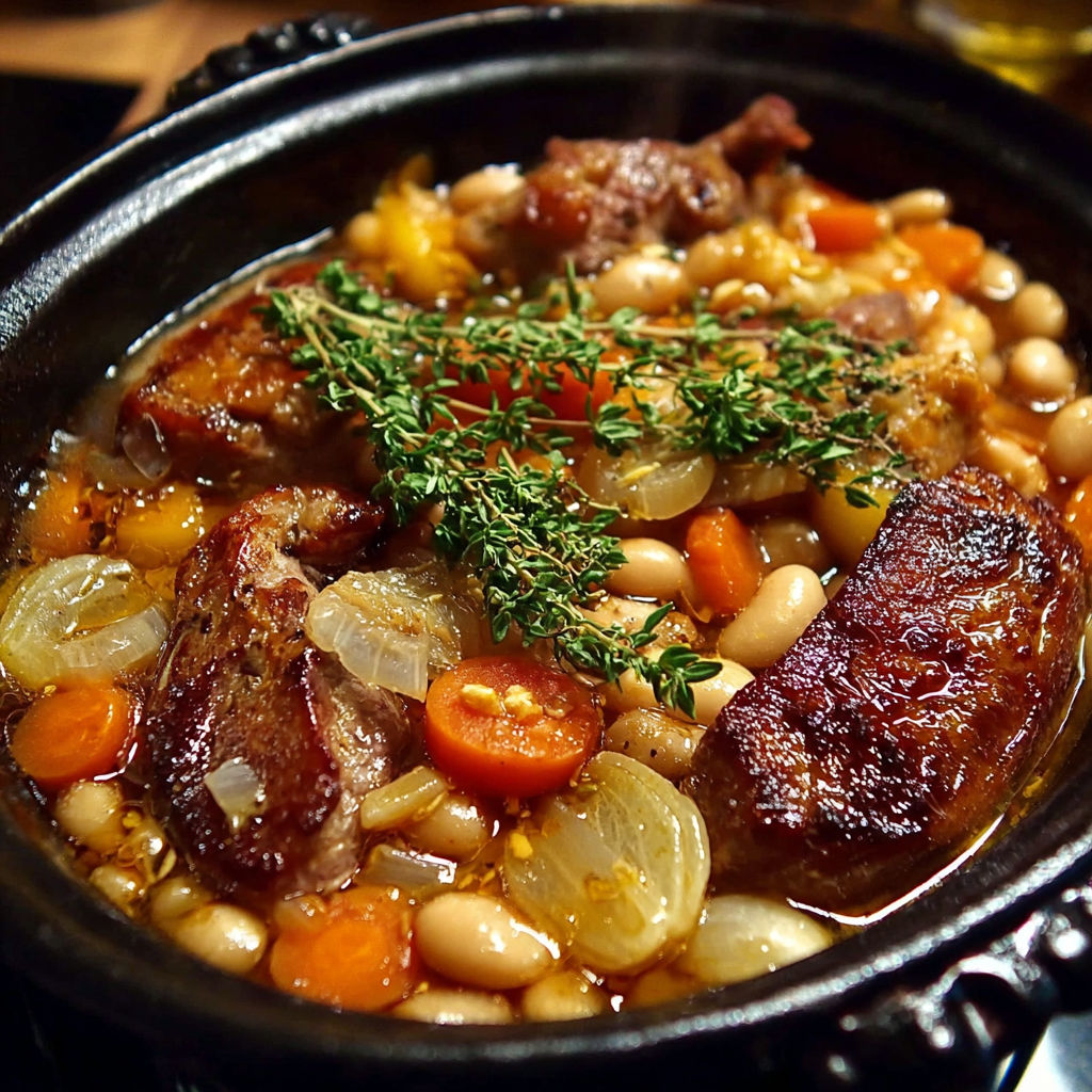 Cassoulet Castelnaudary, une recette traditionnelle de cuisine française, est servie dans un bol en terre.
