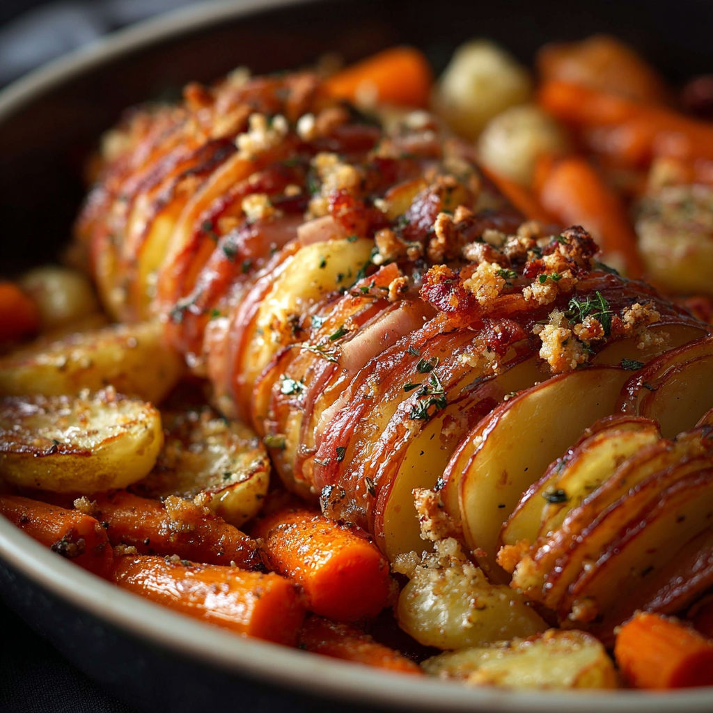 Une recette de "Pork Roast with Carrots and Potatoes" est servie dans un plat en verre.