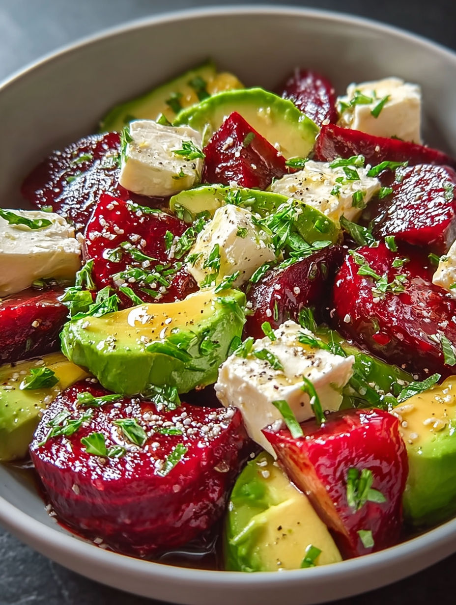 Une salade de fruits et fromage avec des avocats, des tomates, des aubergines et des poivrons.