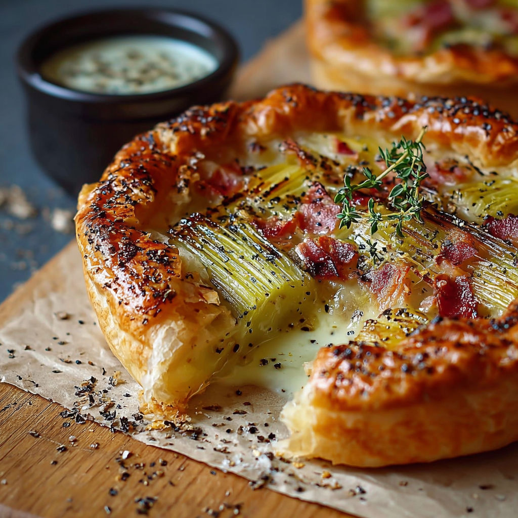 Une tarte aux pommes et bacon, avec une sauce au beurre, est servie sur une table.