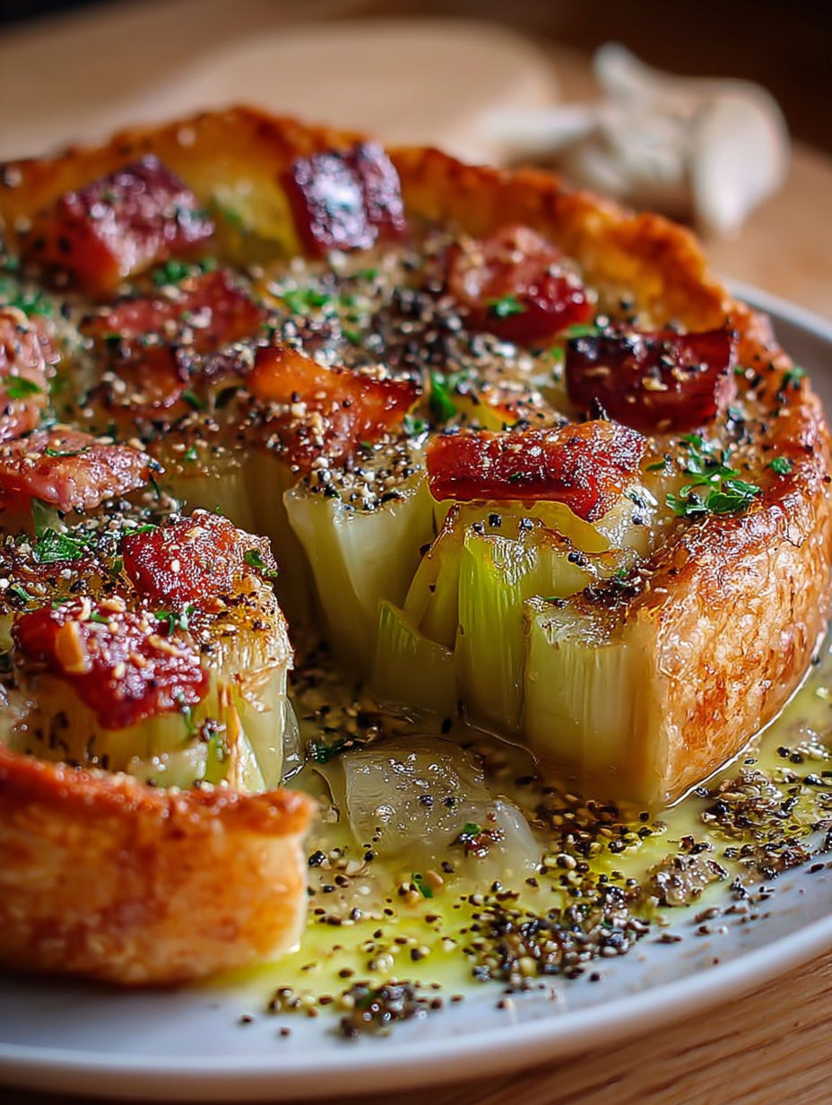 Une tarte aux légumes et bacon, garnie de paillettes de cumin, est servie sur un plateau.