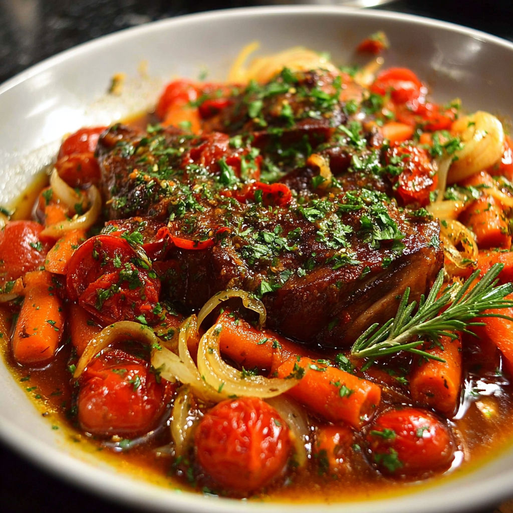 Un plat de viande mijotée avec des légumes et des carottes.