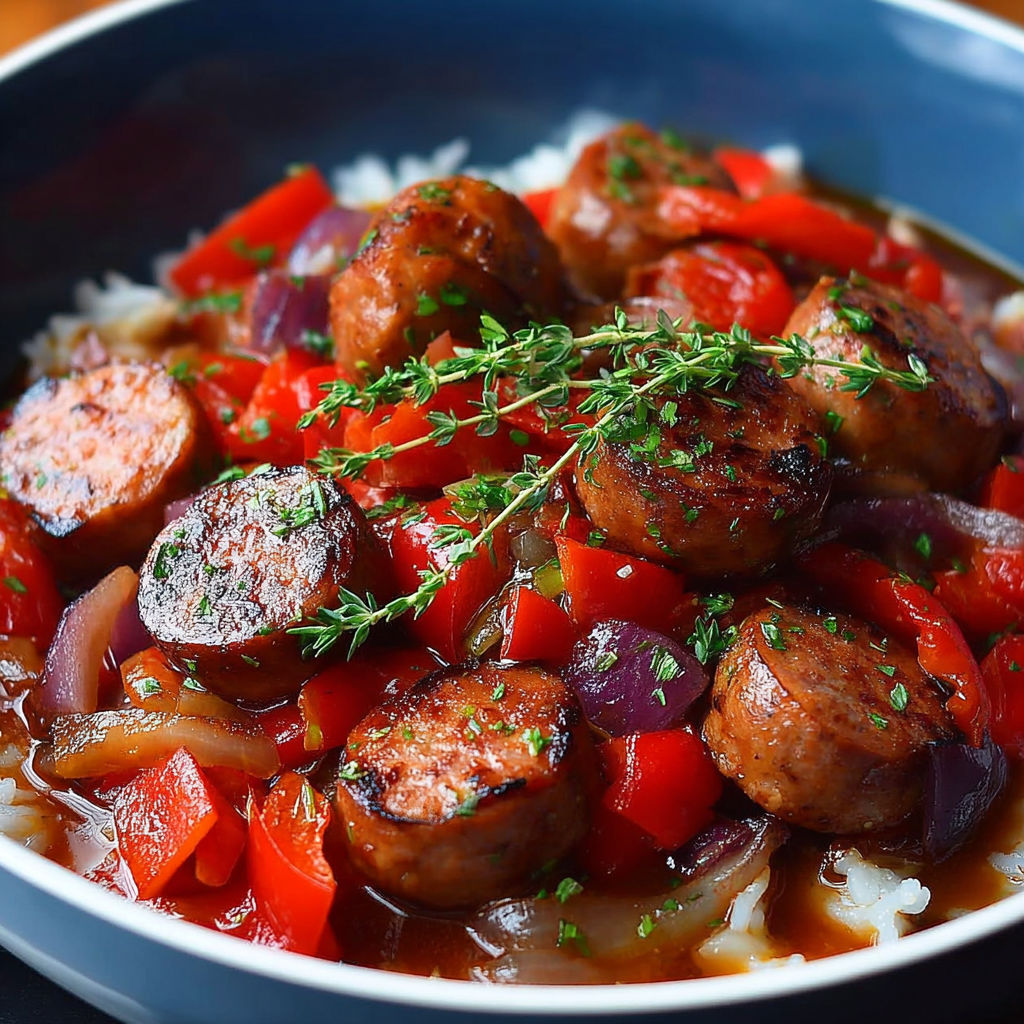 Une assiette de Saucisse Tomates Épicées, avec des épices et des herbes pour ajouter un goût unique à la recette.