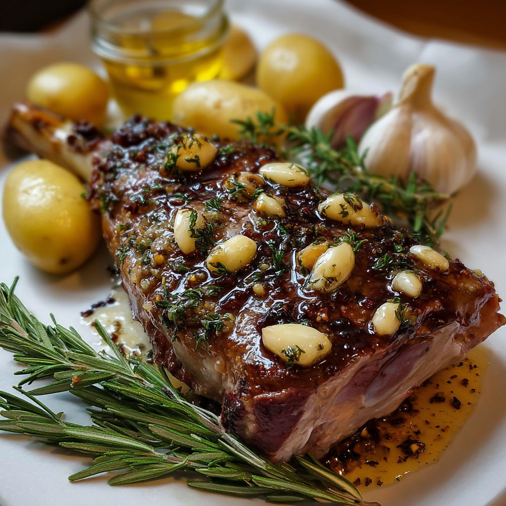 Une viande de boeuf grillée avec des pommes de terre et des ail.
