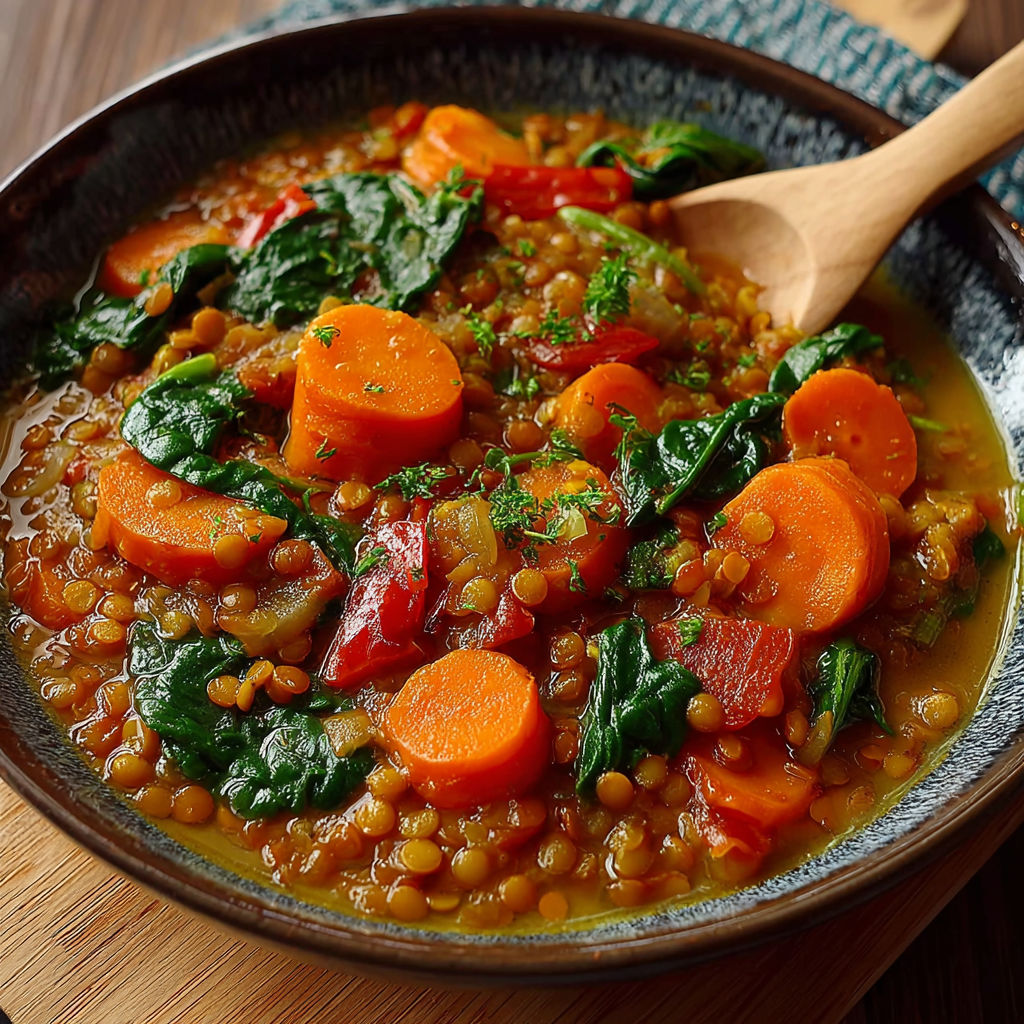 Une recette de soupe de légumes et carottes, avec des légumes verts et des carottes, est servie dans un bol.