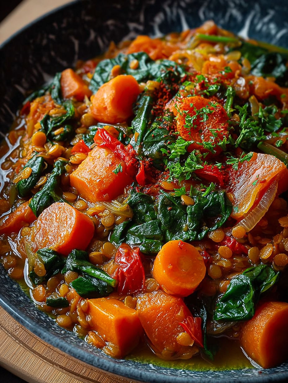 Une recette de soupe de légumes et carottes, avec des légumes verts et des carottes, est servie dans un bol.