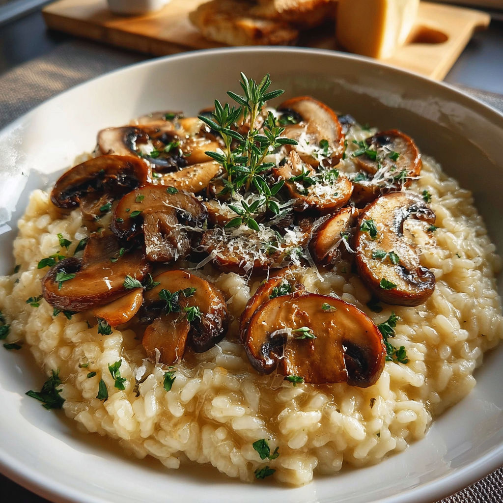 Risotto aux champignons sur un plateau.