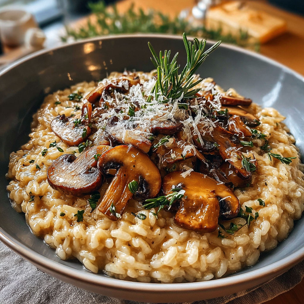 Risotto aux champignons onctueux, une recette savoureuse et délicieuse.