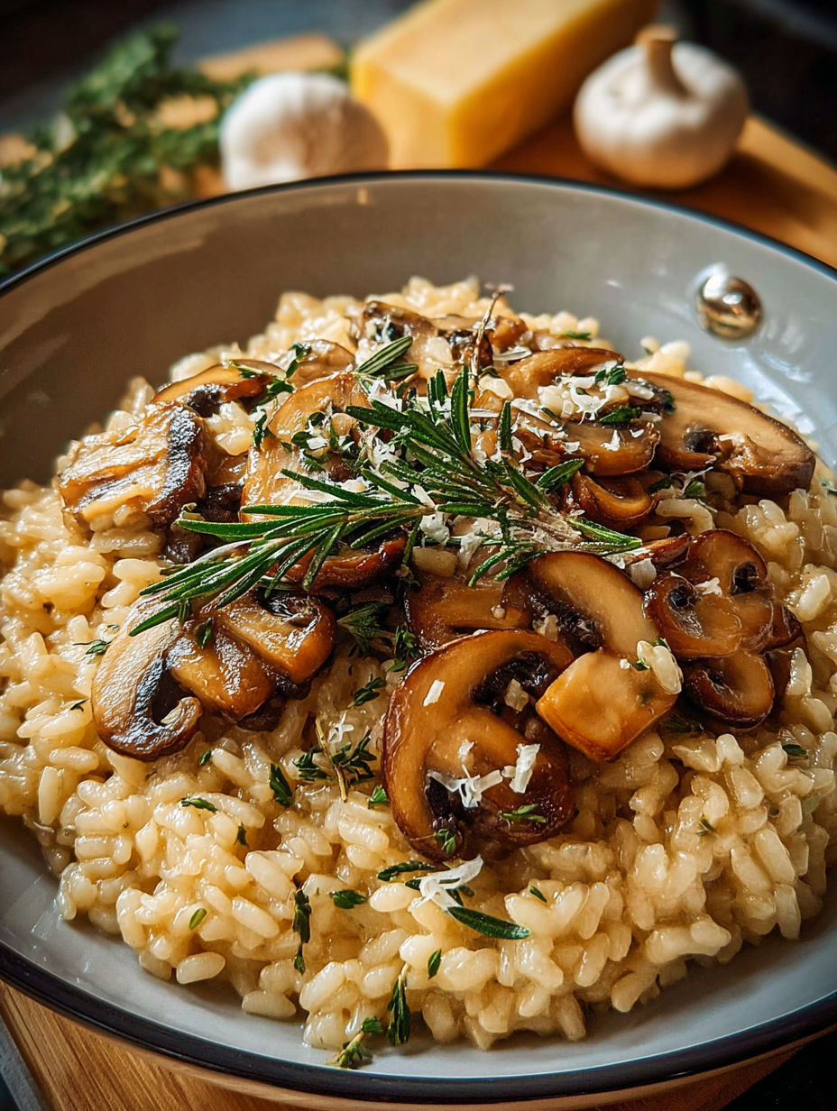 Risotto aux champignons onctueux, une recette savoureuse et délicieuse.