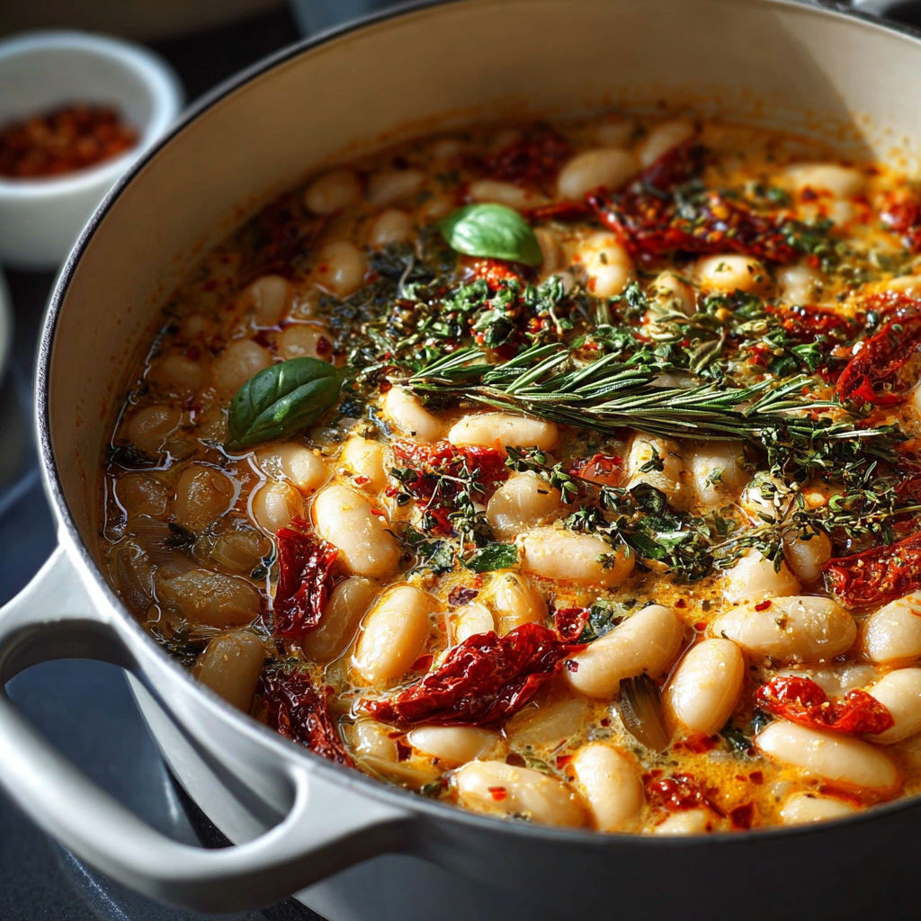 Une casserole de haricots rouges et de tomates, avec des herbes fraîches et des épices, est servie dans un bol en acier.