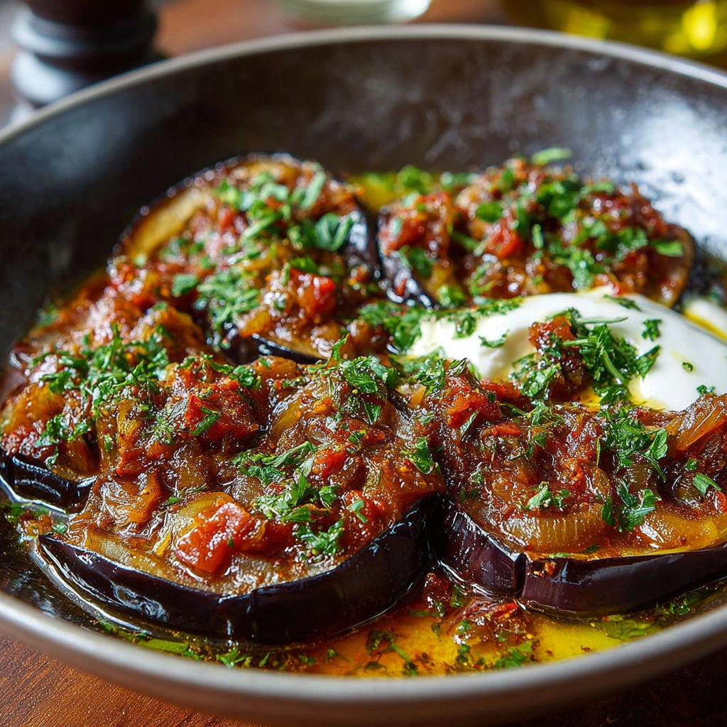 Une assiette de légumes et de viande, avec des aubergines et des tomates, est servie dans un bol.