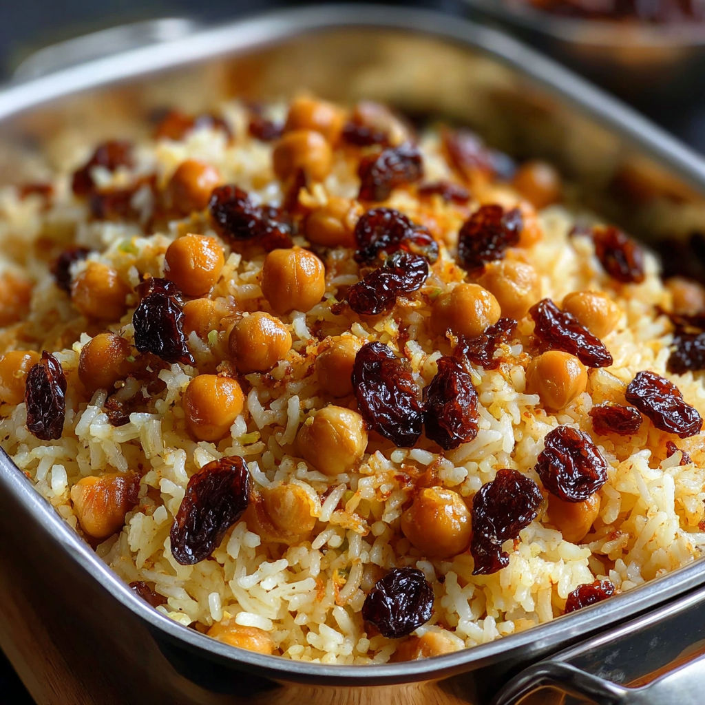Une recette de riz et de haricots verts avec des raisins secs et des graines de cumin.