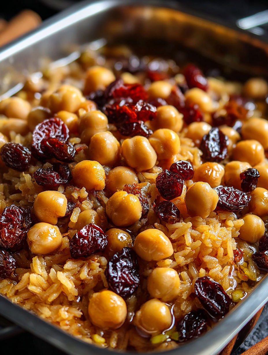 Une recette de riz et de chickpeas avec des raisins et des amandes.